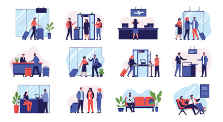 Fototapeta premium Extensive collection of scenes showing various people at an airport including check-in security gates and waiting areas.