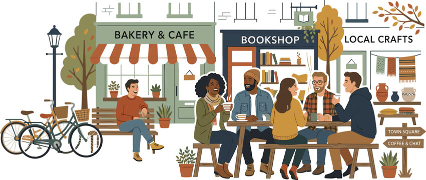 Community gathering vector illustration with friends at local cafe bookshop and craft market in cozy neighborhood lifestyle scene