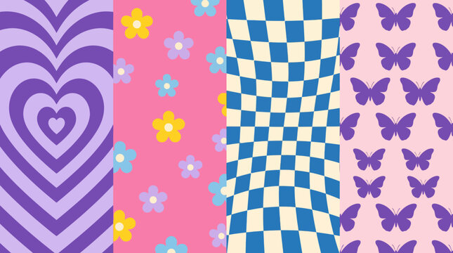 Collage of four decorative patterns: purple heart swirl, pink floral, blue and beige checkerboard, and purple butterfly motifs.