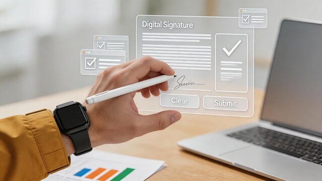 Hand signing digital document on virtual interface illustrating electronic signature process for legal contracts and agreements.