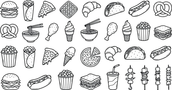 Outline fast food icon collection featuring burgers pizza tacos desserts and snack illustrations