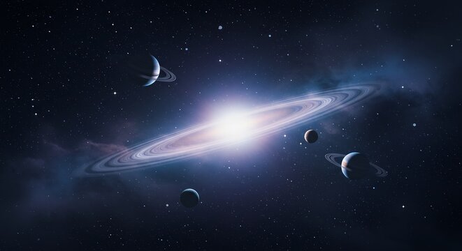 広大で深遠な宇宙の漆黒の闇に眩く光を放ち中心で煌めく壮大な銀河が広がるその周囲には美しい環を持つ惑星たちが静かに浮かび無限の宇宙が織りなす神秘と荘厳さに満ちた絶景. AI Generated
