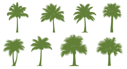 Naklejka premium Set of various green palm tree silhouettes are isolated on a plain white background for tropical and summer holiday themes.