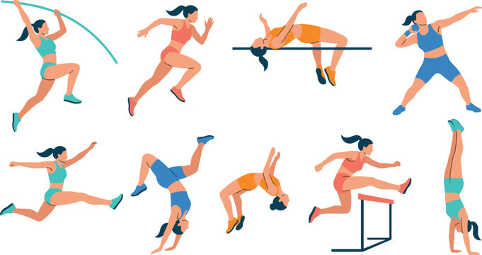Vector Illustration of Female Athletes Performing Various Track and Field Events Including High Jump, Pole Vault, and Hurdles.