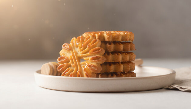 Stack of italian pizzelle cookies on a white plate. Suitable for food blogs, recipes, bakery promotions, or italian cuisine content.
