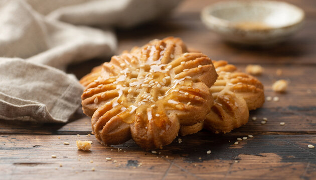 Flowershaped italian almond cookies, paste di mandorla, perfect for bakery menus, food blogs, and advertising desserts with an elegant touch.