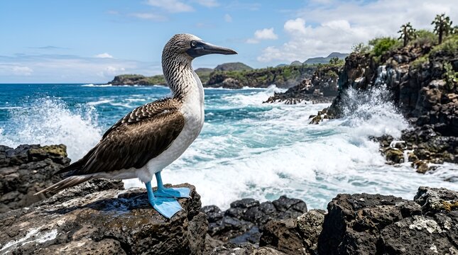 Blue-footed booby bird perched on rocky coast with crashing waves blue feet blue sky wildlife crashing standing galapagos tropical feathers creature environment landscape daylight