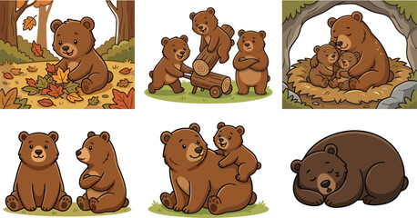Fototapeta premium Vector Illustration of Cute Bears in Various Activities Including Playing, Sleeping, and Spending Time with Cubs.