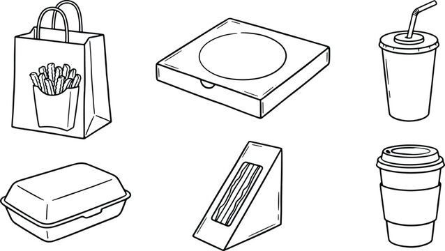 Hand drawn takeaway packaging icons with drink boxes fries and sandwich containers