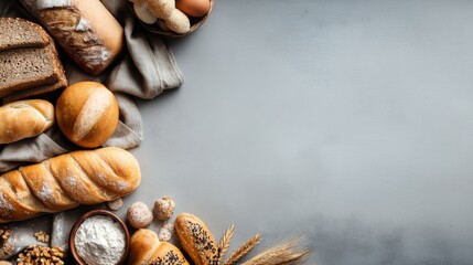 Fototapeta premium Freshly Baked Bread and Ingredients on Gray Background with Various Types of Artisan Loaves, Baking Supplies, and Natural Decor Elements