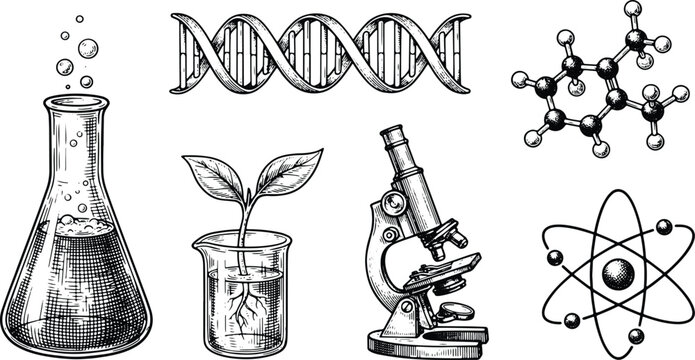 Vintage science laboratory collection featuring biology chemistry physics and research engraved illustration elements