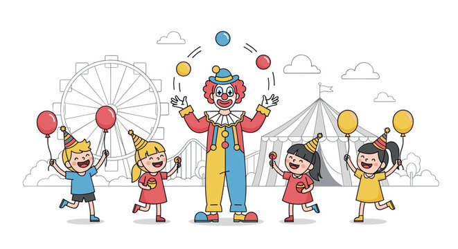 Colorful clown juggling balls at a carnival with excited children watching him in front of a ferris wheel and circus tent.