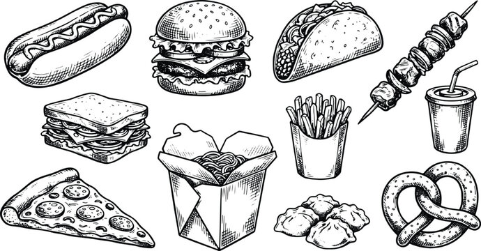 Vintage street food collection featuring burger pizza noodles fries and grilled snack illustrations