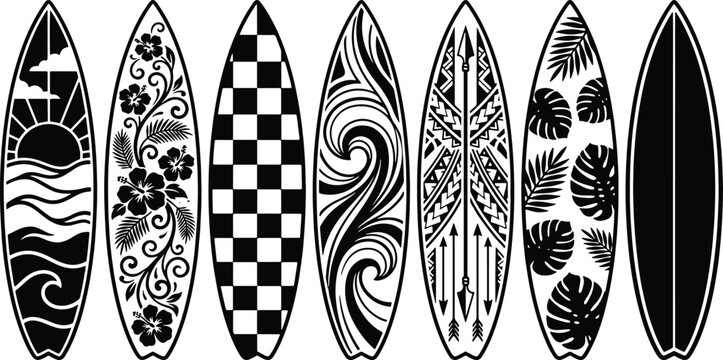 Vintage surfboard design collection featuring tropical floral tribal and abstract pattern illustrations