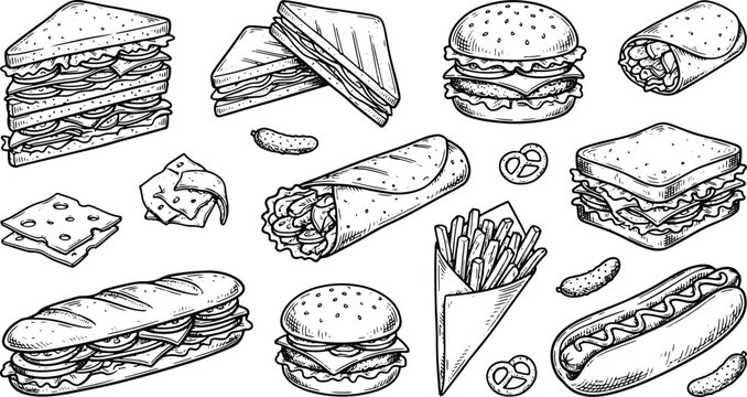 Vintage street snack collection featuring burgers sandwiches wraps fries and hotdog engraved illustrations