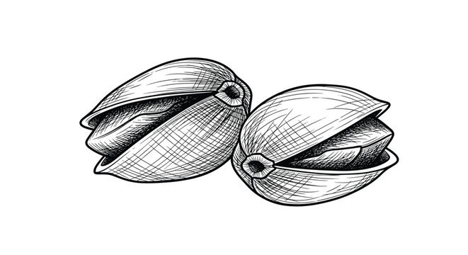 Detailed black and white ink sketch of two healthy organic pistachio nuts in their shells against a white background.