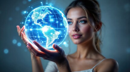 Naklejka premium Global Connectivity: A woman holds a luminous digital globe in her hands, symbolizing global interconnectedness and the power of technology.