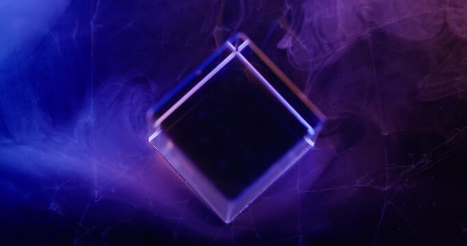 Neon cube. Smoke fog. Defocused blue purple color geometric steam mist broken glass uneven texture on abstract art light background.