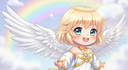 Fototapeta premium A Cute Angelic Child with Halo and Wings: An adorable young angel with blonde hair, a radiant halo, and feathered wings smiles cheerfully against a backdrop of soft clouds and a pastel rainbow.