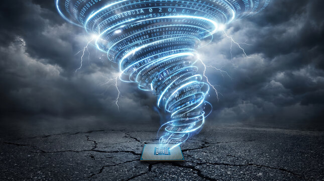 Binary code tornado, with swirling blue data streams and lightning, rising from a microchip CPU, cracked ground under stormy sky, 3D illustration