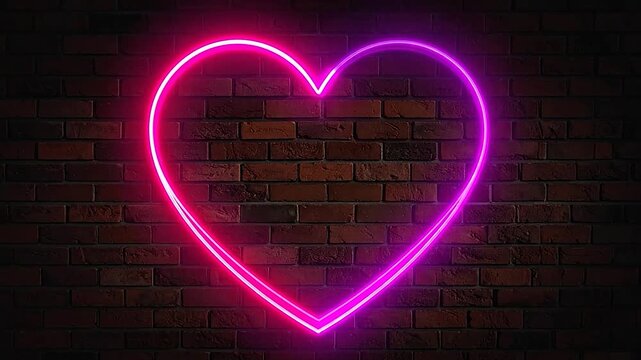 A glowing neon heart shape mounted on a dark rustic brick wall background