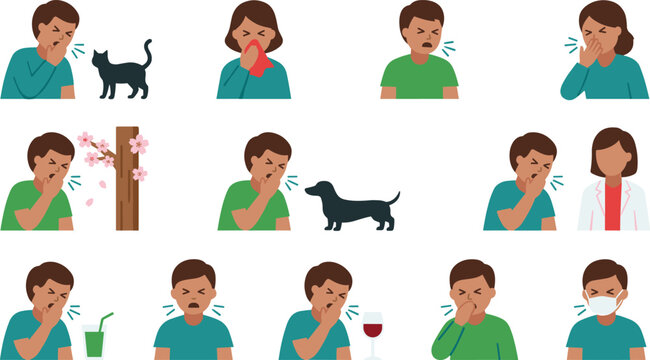 Vector Illustration of Allergy Symptoms Triggered by Pets, Pollen, and Other Environmental Factors.