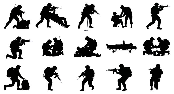 Military Silhouette Icons: Soldiers in Action, Combat, Medical Evacuation, and Support