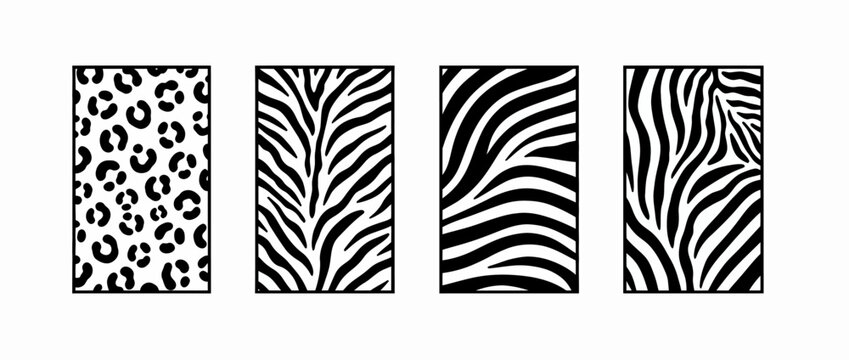 Exotic animal print texture set with leopard spots and zebra stripes pattern designs in vertical minimalist frames