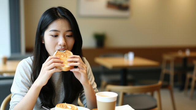 A Moment of Indulgence: A young woman enjoys a delicious meal and a refreshing drink at a cafe, finding a quiet moment for herself.