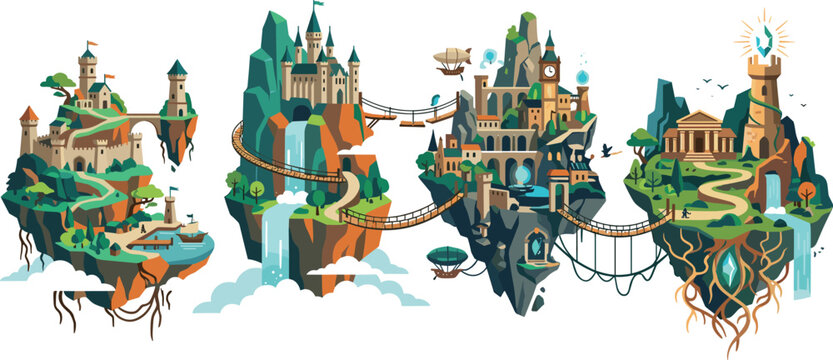 Floating fantasy island city vector illustration with magical castles sky bridges and surreal aerial kingdom landscapes