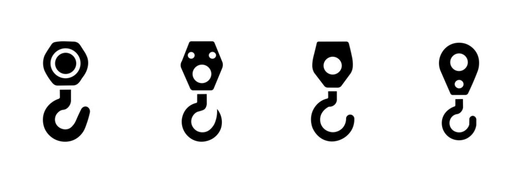 Crane hook icon set for industrial themes, minimalist black silhouette pack