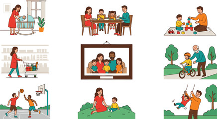 Naklejka premium Vector Illustration of Family Life Activities Including Cooking, Shopping, Playing, and Cycling with Children.