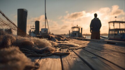 Fototapeta premium Back view of fisherman standing on wooden dock beside fishing nets at sunset.