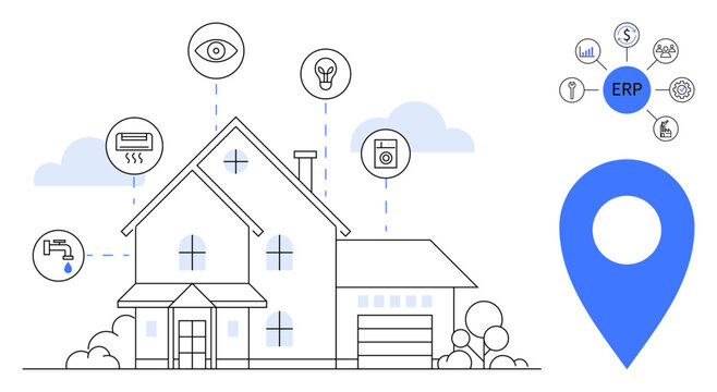 Home automation, IoT, energy efficiency, smart devices, ERP systems, technology integration. Smart home with icons linking IoT devices and ERP system. Home automation and IoT concept