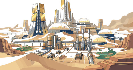 Futuristic Mars colony vector illustration with desert habitat domes space infrastructure and sci fi settlement architecture concept © AdhinChandra