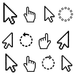 Obraz premium Computer Mouse Cursors and Pointers Silhouette Set - Different Click Arrow, Hand, and Loading Vector Icons