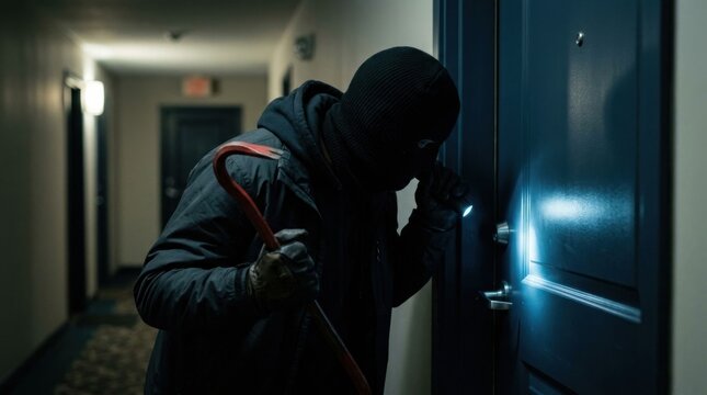 Burglar Breaking Into Apartment Door with Lock Pick Tool.