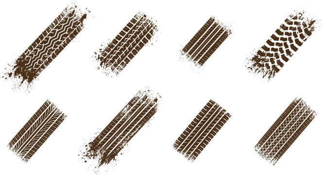 Tire Track Grunge Collection with Vehicle Wheel Texture Marks for Automotive and Graphic Design Projects