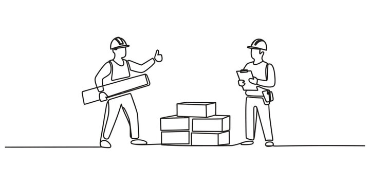 Two construction workers with hard hats and tools drawing line art