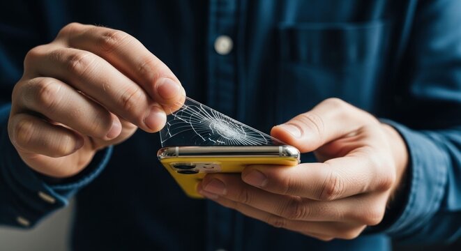 Closeup of hands peeling off a cracked screen protector from a smartphone.