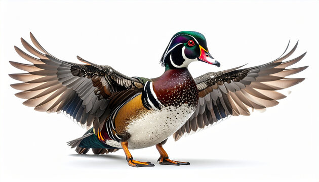 Colorful wood duck with wings extended