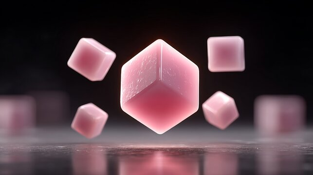 Minimalist 3D cube for affiliate program aggregator, dark pink-black palette, central cube with five smaller cubes converging, futuristic tech, clean modern design