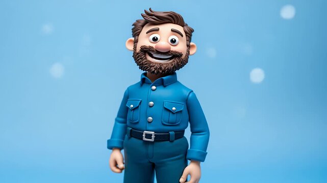 Animated Cartoon Man with Beard Smiling Confidently Wearing Blue Uniform in Studio Setting