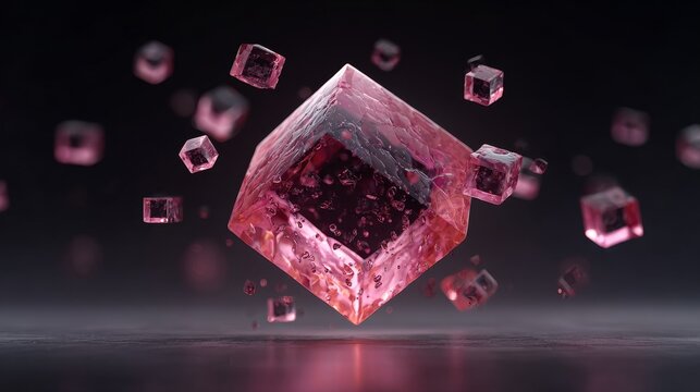 Minimalist 3D cube for affiliate program aggregator, dark pink-black palette, central cube with five smaller cubes converging, futuristic tech, clean modern design