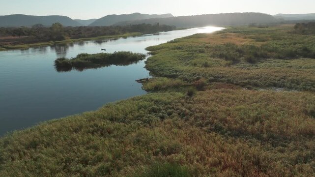 Drone shot of rural river in Zambia