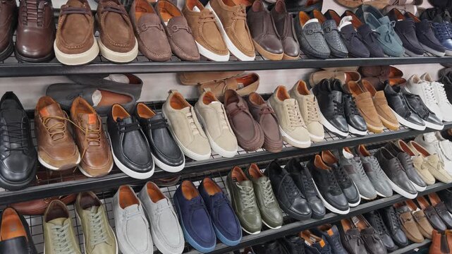 Detailed 4K footage of premium black leather sneakers with thick white soles on display in a retail warehouse. Features rows of shoe boxes in an organized store inventory.