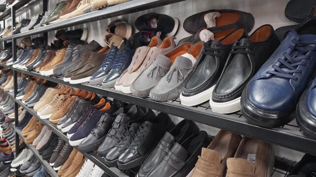 Cinematic 4K footage of men's shoes neatly arranged on metal shelves in a retail store. Loafers, oxfords, sneakers and moccasins in various colors and materials on display.
