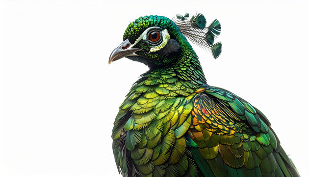 Green peacock portrait on white background