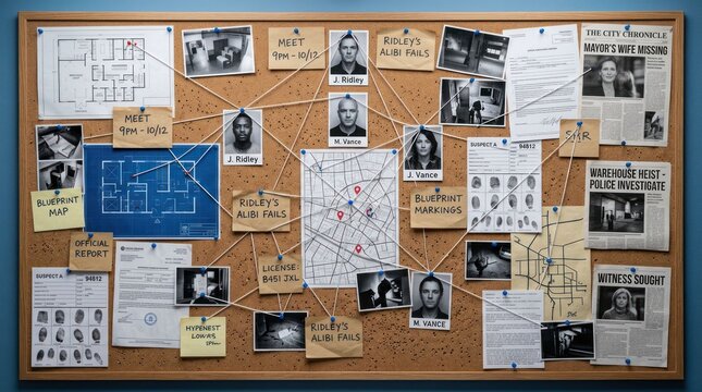 Detective Investigation Board with Photos and String Connections.