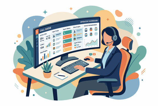 Female Emergency Dispatcher Operating Call Center Workstation
